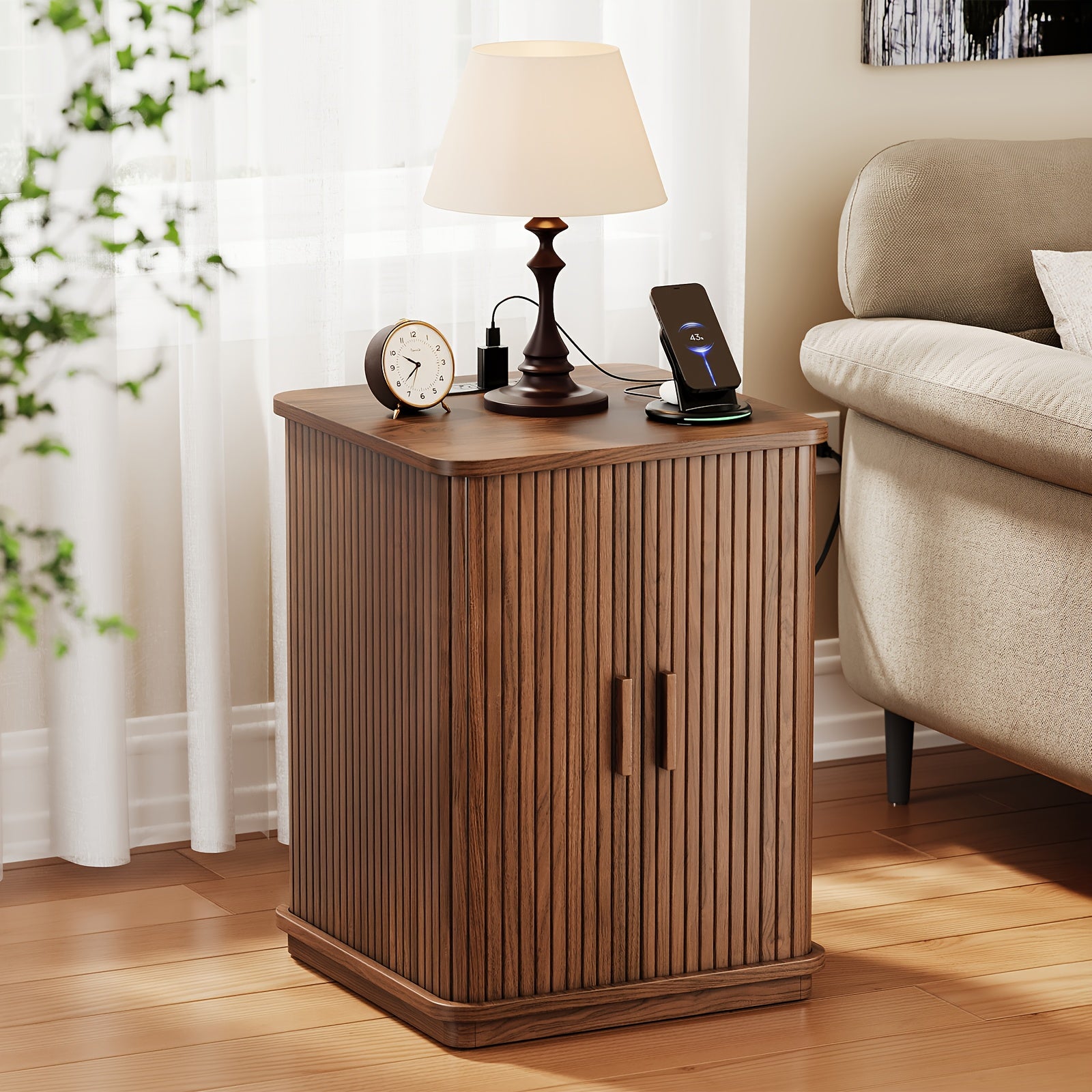 Square End Table with Storage And Charging Station, Side Table with Sliding Door And Sturdy Pedestal