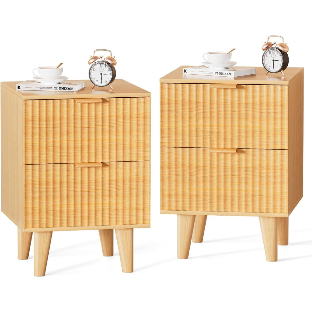 Urban Deco Fluted Nightstands Set 2, Mid Century Modern Nightstand, Wooden End Table with 2 Fluted Drawers & Storage for Bedroom