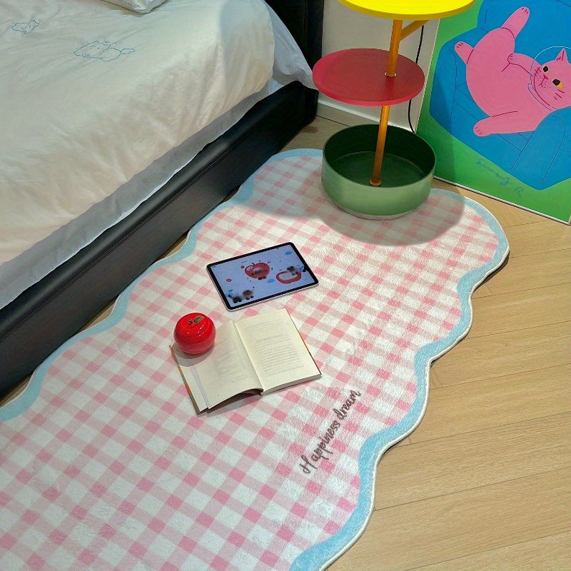 Irregular Shaped Modern Cream Checkeredboard Runner Rug - 10mm Thick High-Quality Faux Cashmere