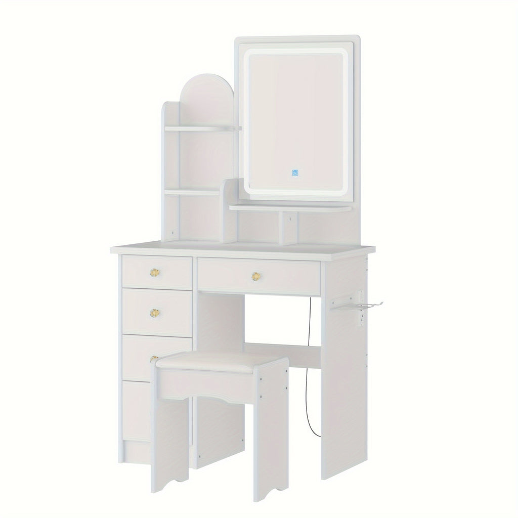 Modern Vanity with Mirrors Modern Vanity with Mirrors, 5 Drawers, Shelves and Chair