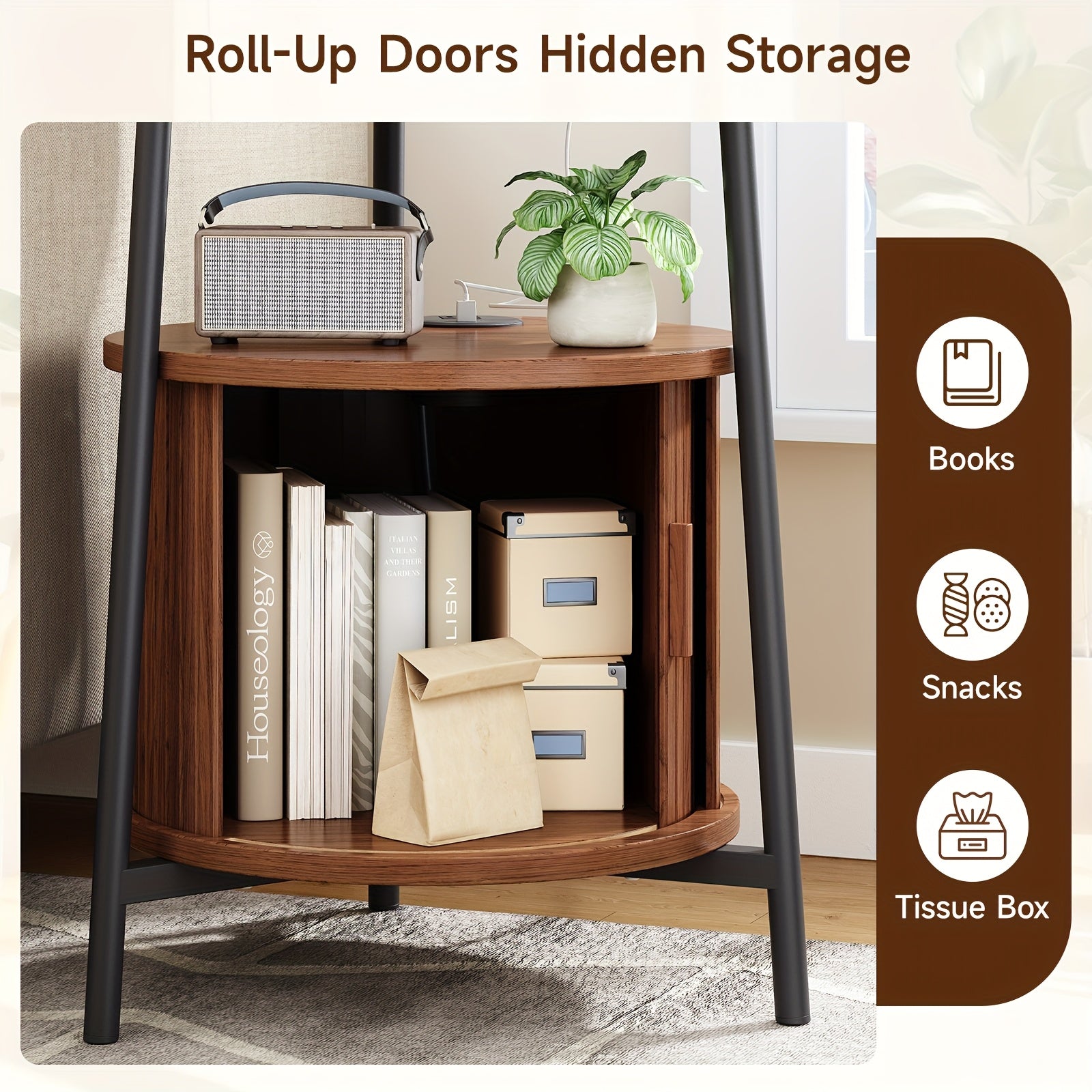 Walnut-like Finish Mid-Century Modern Round Side Table with Charging Station - Bedside Table