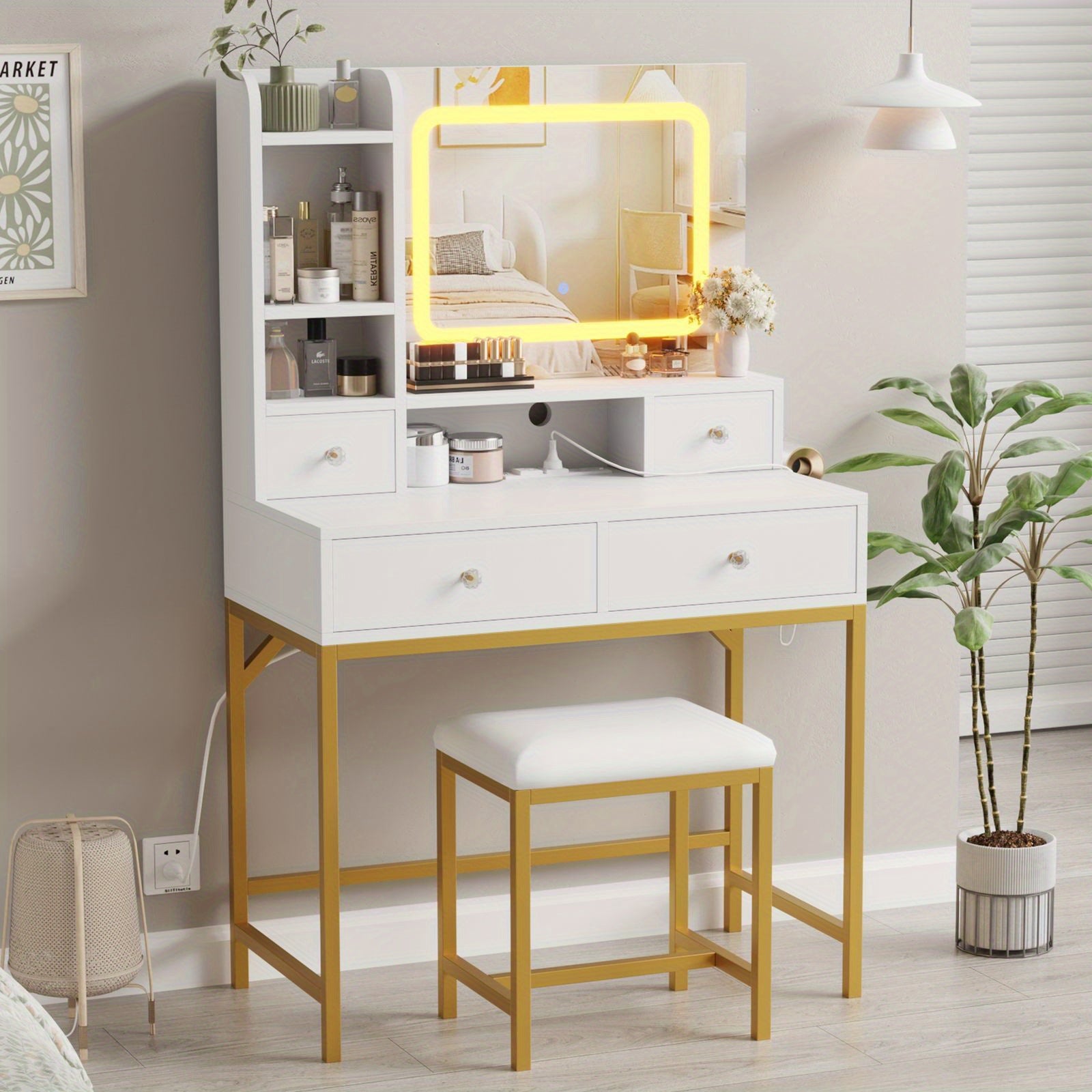 Elegant Modern Vanity Desk and Stool Set with Illuminated Mirror & Built-in Charging Station - White & Golden Dressing Table with Spacious Drawers