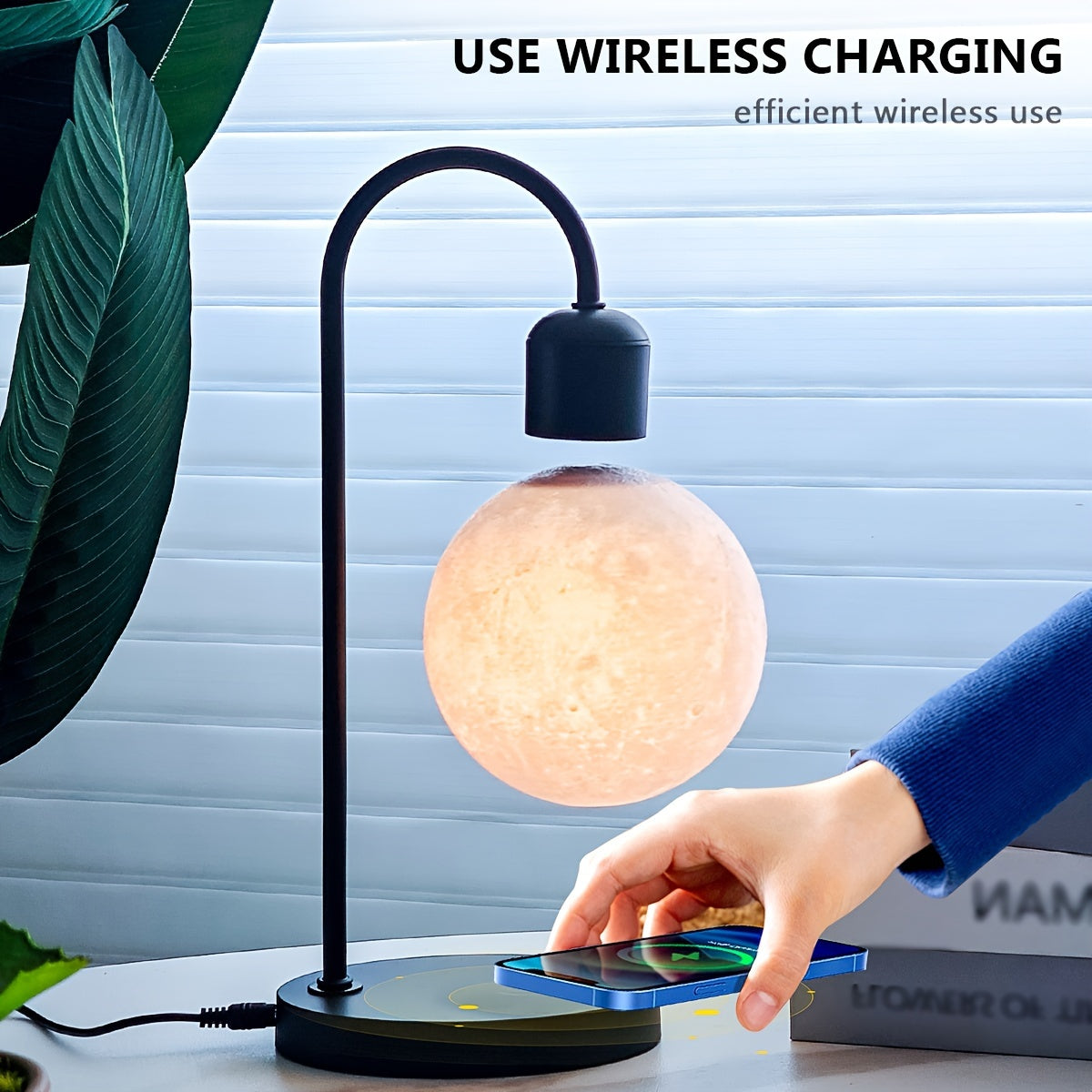 1pc Magnetic Floating Moon Lamp, Table Lamp, Desk Lamp, 15w Wireless Phone Charger, 3-color Adjustable