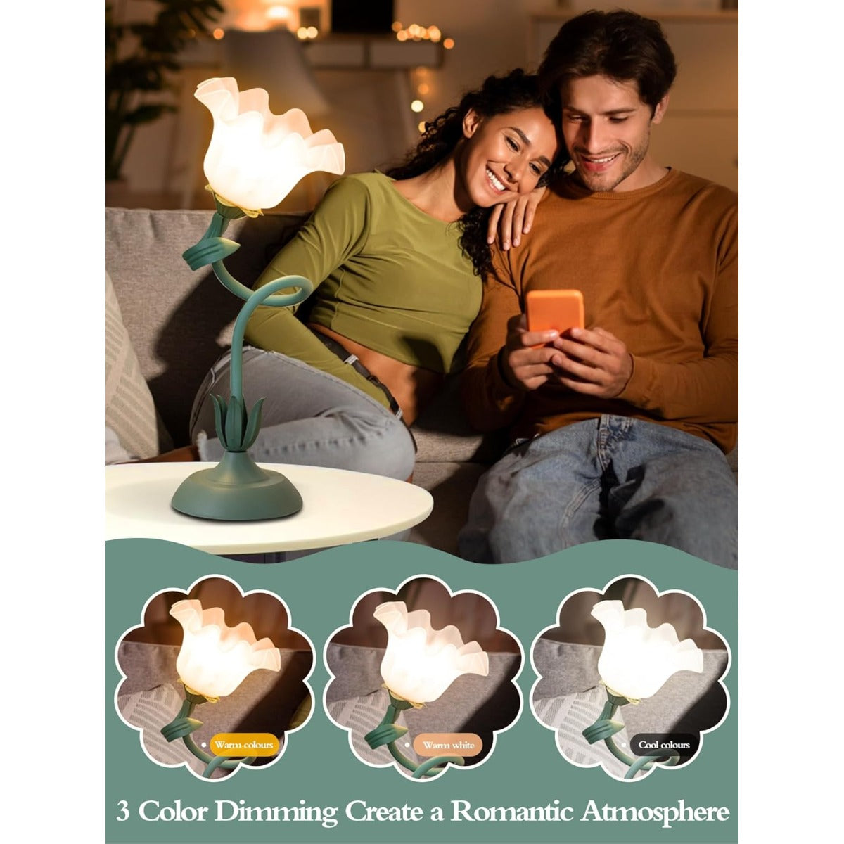 Vintage Modern Flower Table Lamp with LED Bedside Light - 3 Lighting Modes, Green Base & Soft Shade