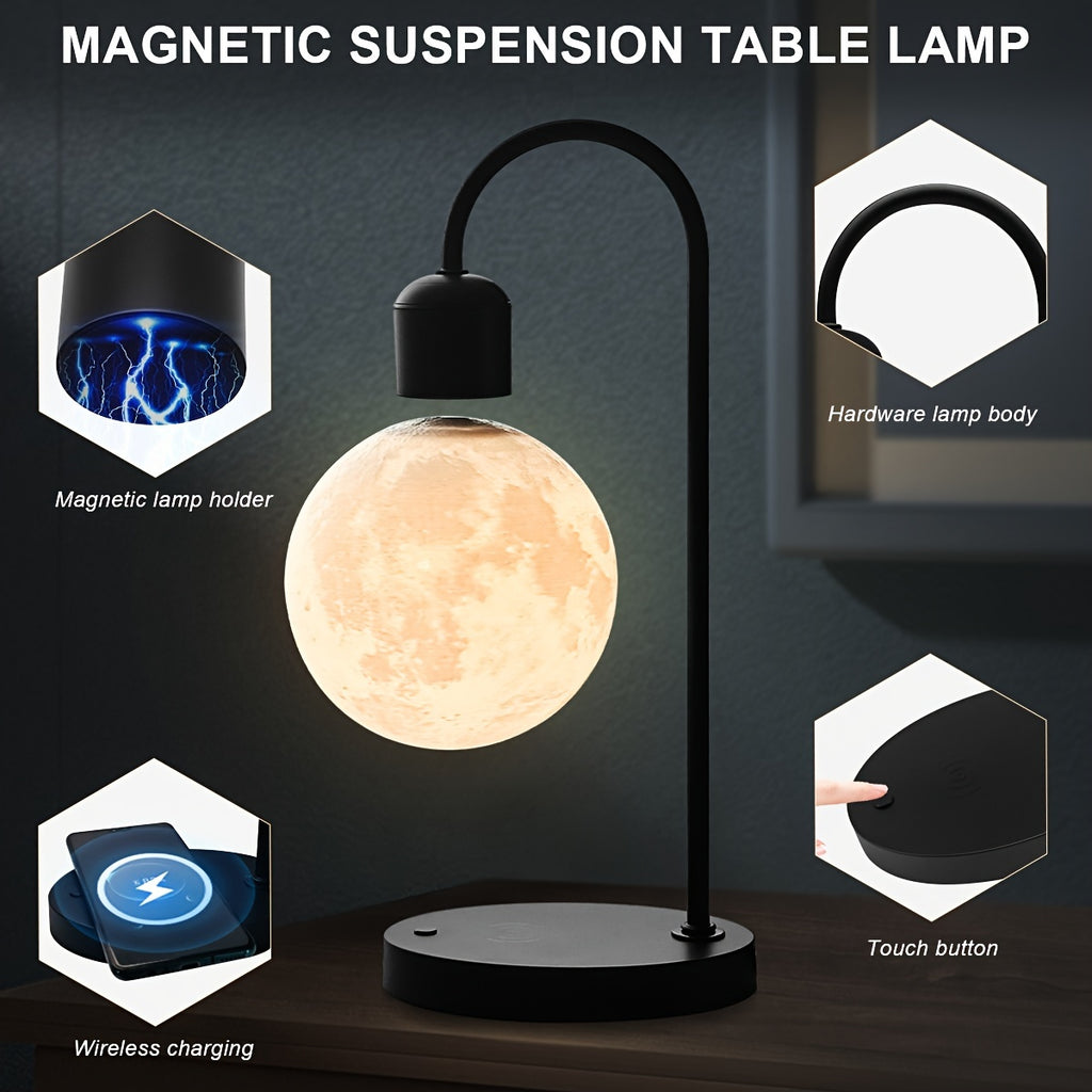 1pc Magnetic Floating Moon Lamp, Table Lamp, Desk Lamp, 15w Wireless Phone Charger, 3-color Adjustable