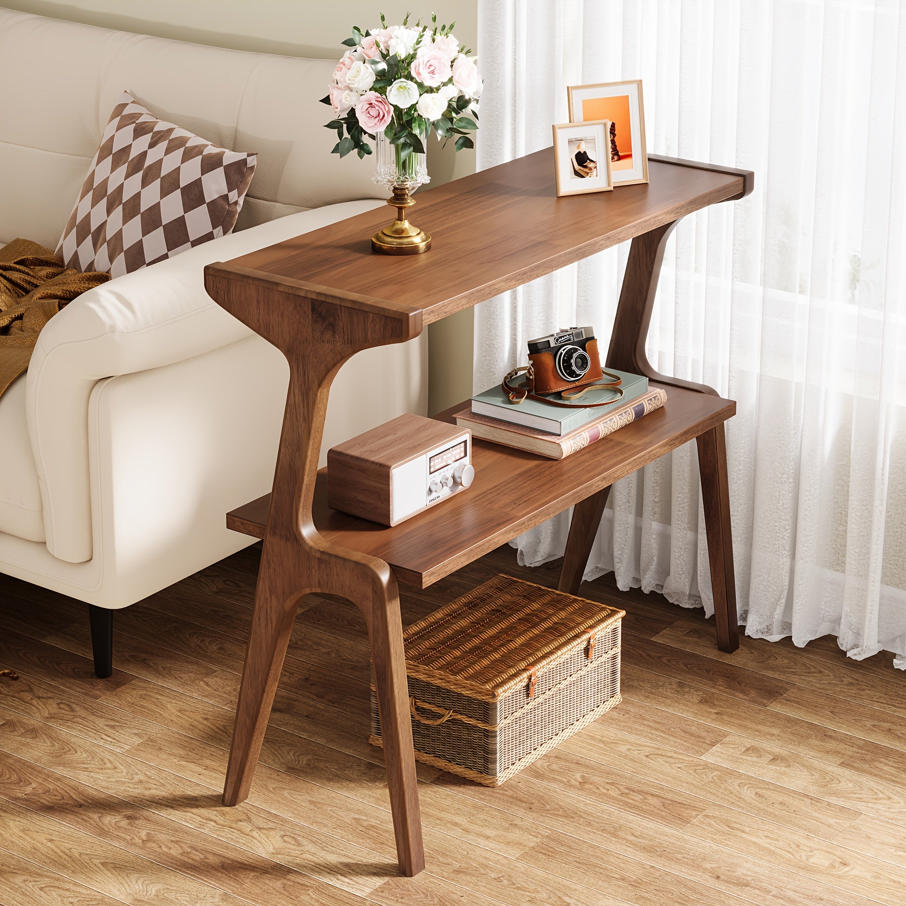 Modern Farmhouse End Table Modern Farmhouse 2-Tier End Table with Wood Legs and Storage Shelf - Narrow Long Bedside Table for Bedroom
