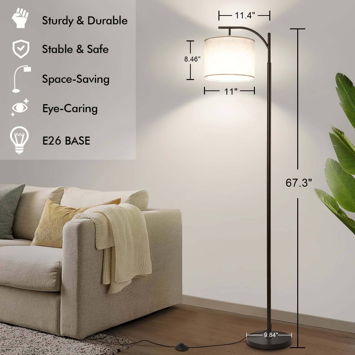 Modern Arc Floor Lamp with Remote Control - Adjustable Standing Light, Dimmable LED Bulb