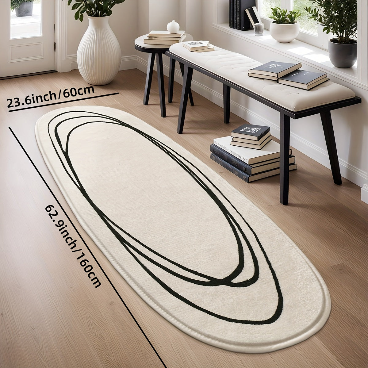 1pc DAJIANG Modern Abstract Oval Area Mat - Soft, Fluffy & Non-Slip Runner Mat with Striped and Solid Color Design for Bedroom