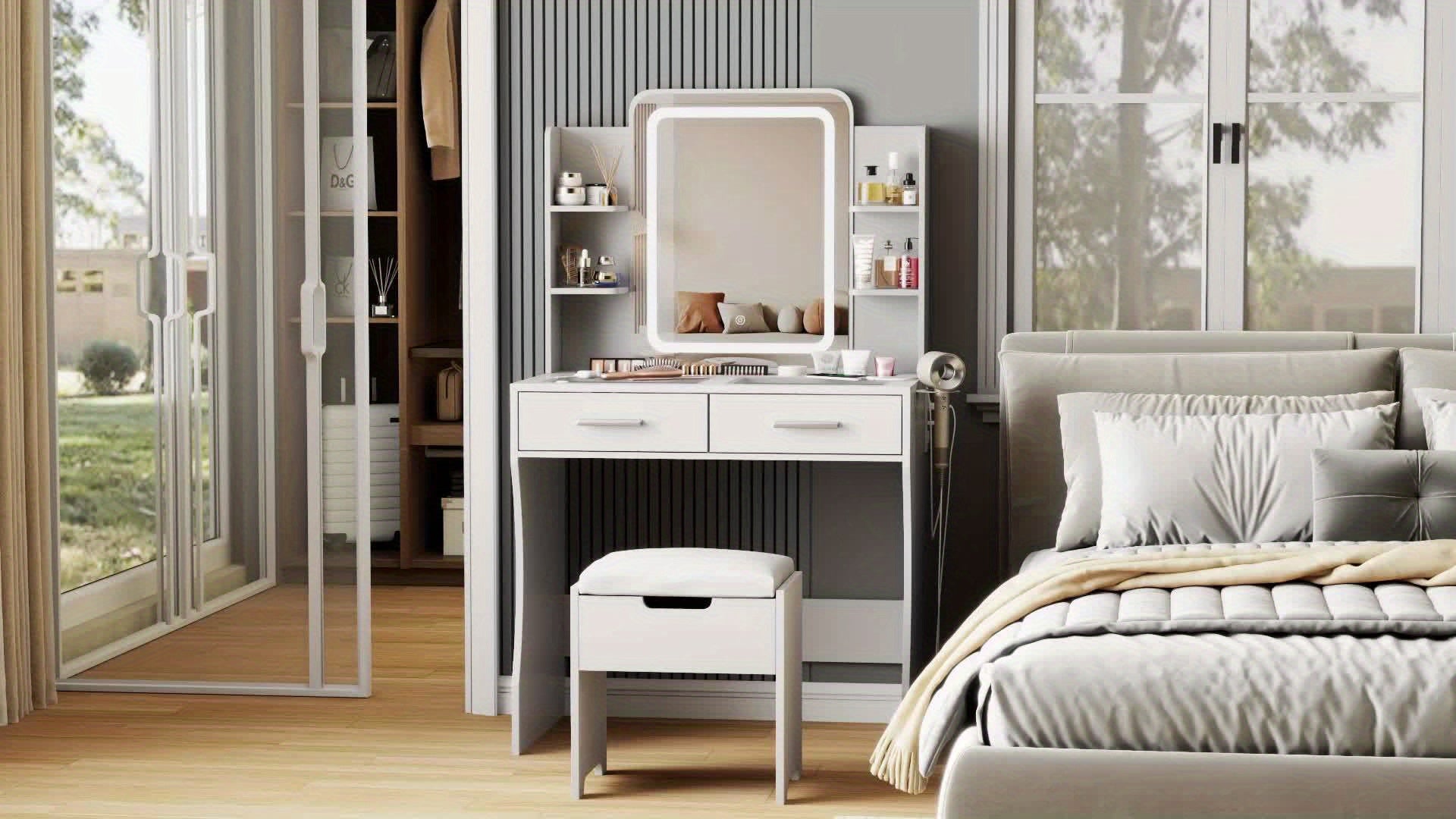 Vanity Desk with Mirror and Lights, Small Vanity Table for Bedroom with Lots Storage, Cute Vanity Makeup Table, 3 Lighting Modes