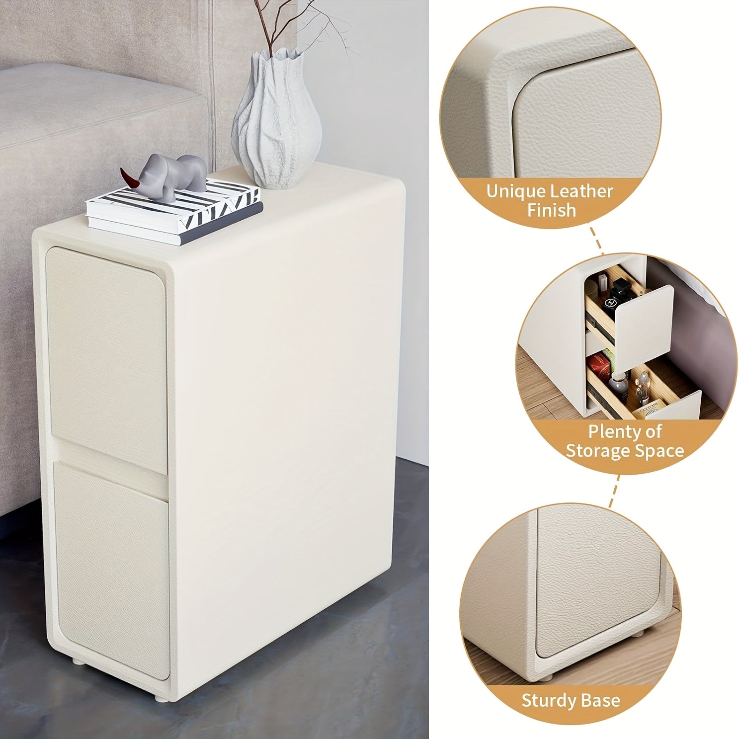 Modern Narrow Faux Leather Nightstand with Solid Wood Drawer - Cream White Bedside Table
