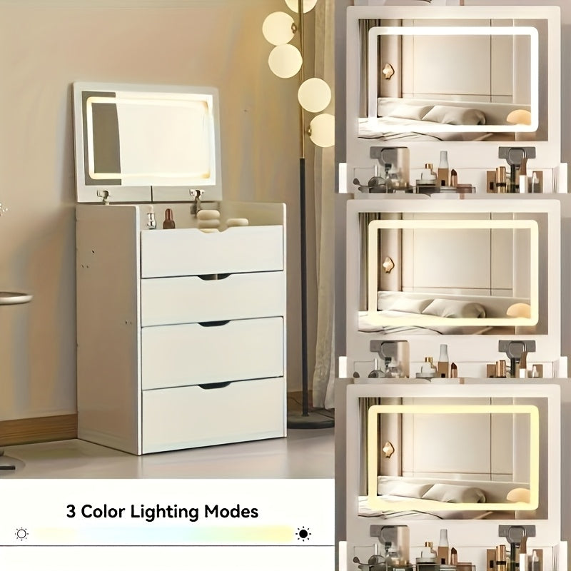 3-in-1 Vanity Desk with Mirror And Lights, Small Vanity Desk Set with Visible Glass Tabletop, 3 Drawers, Storage Bench