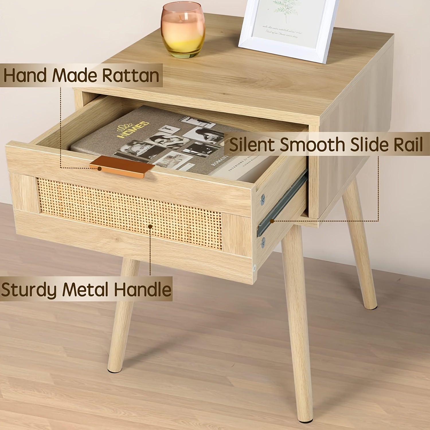 Kinder King Nightstands Set Of 2 with Rattan Drawer, Modern Night Stand for Bedrooms