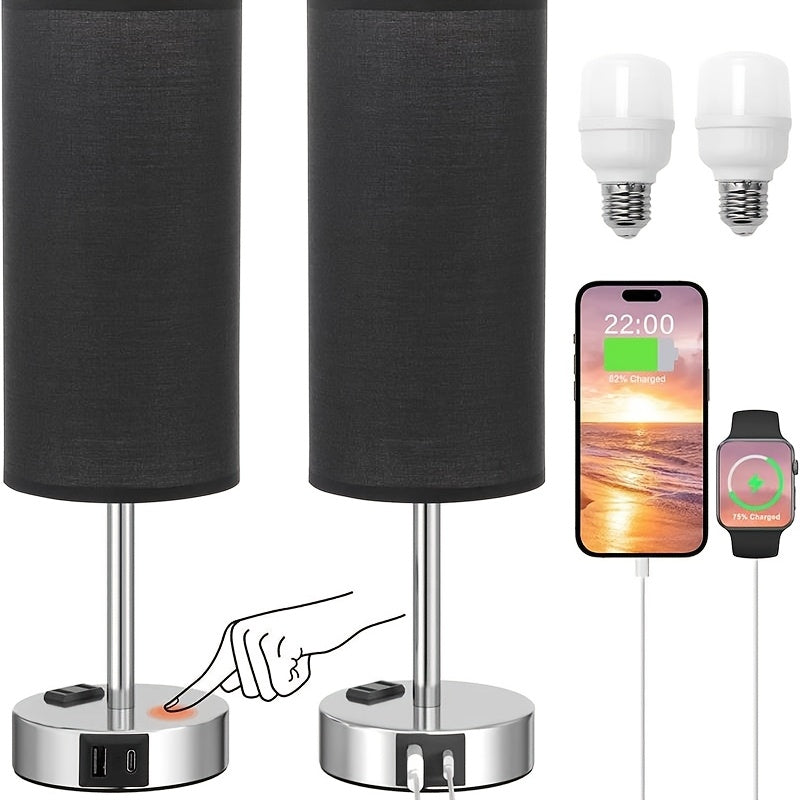 1\u002F2pcs Modern Bedside Table Lamp with Touch Control, 3-Way Dimmable, USB-C Charging Ports & AC Outlet