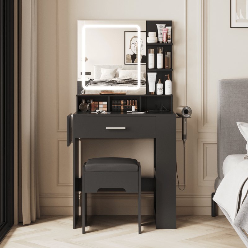 Elegant Hardwood Dressing Table with Mirror, Lighting, and Charging Station for Bedroom Organization