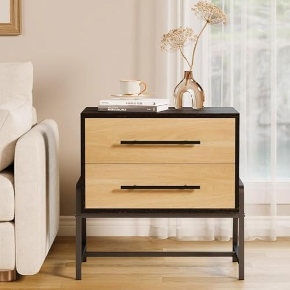 Farmhouse Nightstand with Drawer - Light Brown Bedside Table, Heavy-Duty Metal Legs, Easy Assembly