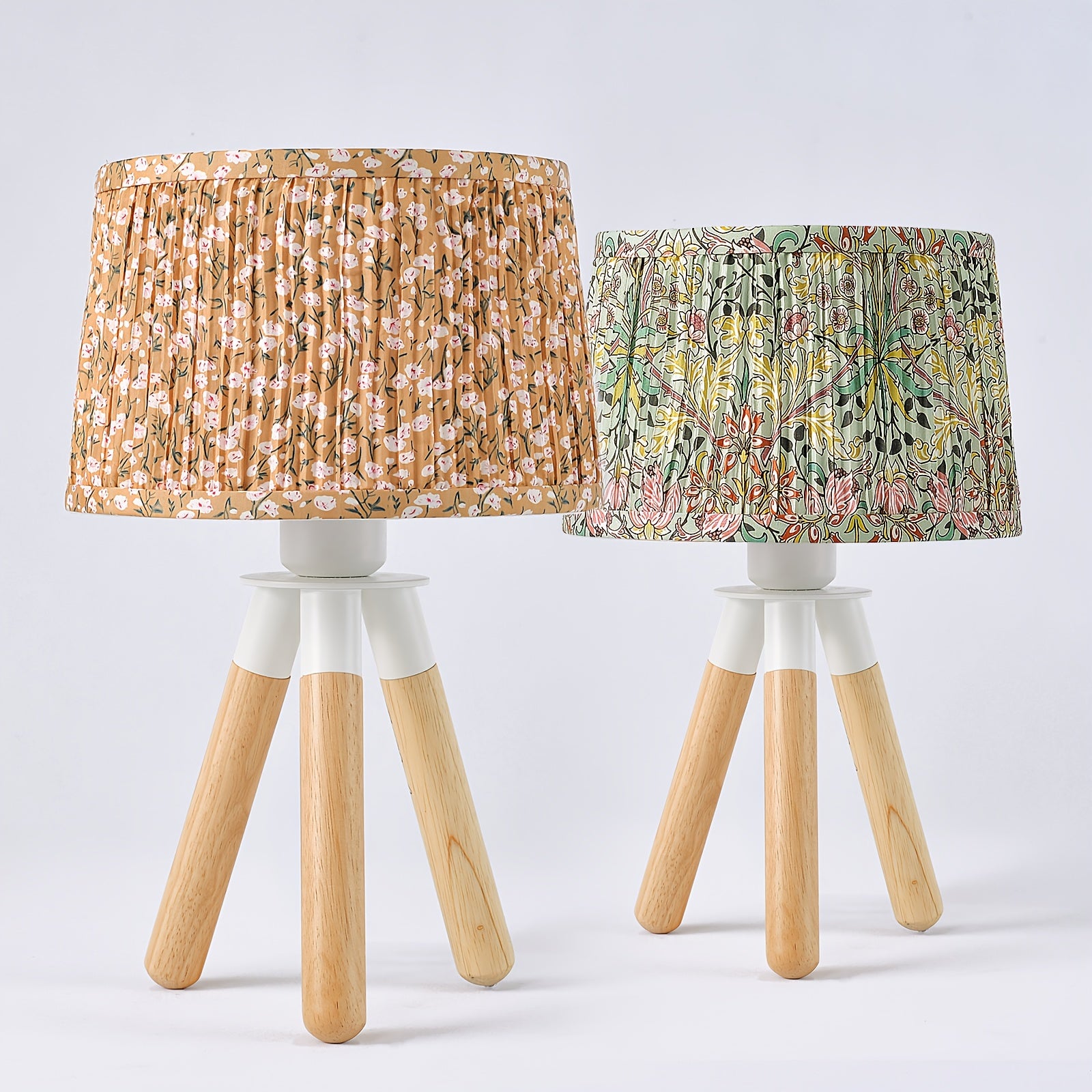 14 Inch Wooden Tripod Table Lamp with Green Ditsy Floral Shade - Cute Boho Nightstand Lamp for Girls Bedroom