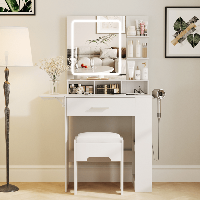 Elegant Hardwood Dressing Table with Mirror, Lighting, and Charging Station for Bedroom Organization