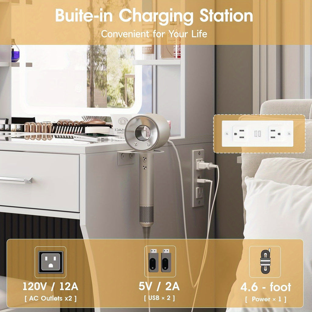 Vanity Desk with Mirror and Lights, Small Vanity Table for Bedroom with Lots Storage, Cute Vanity Makeup Table, 3 Lighting Modes