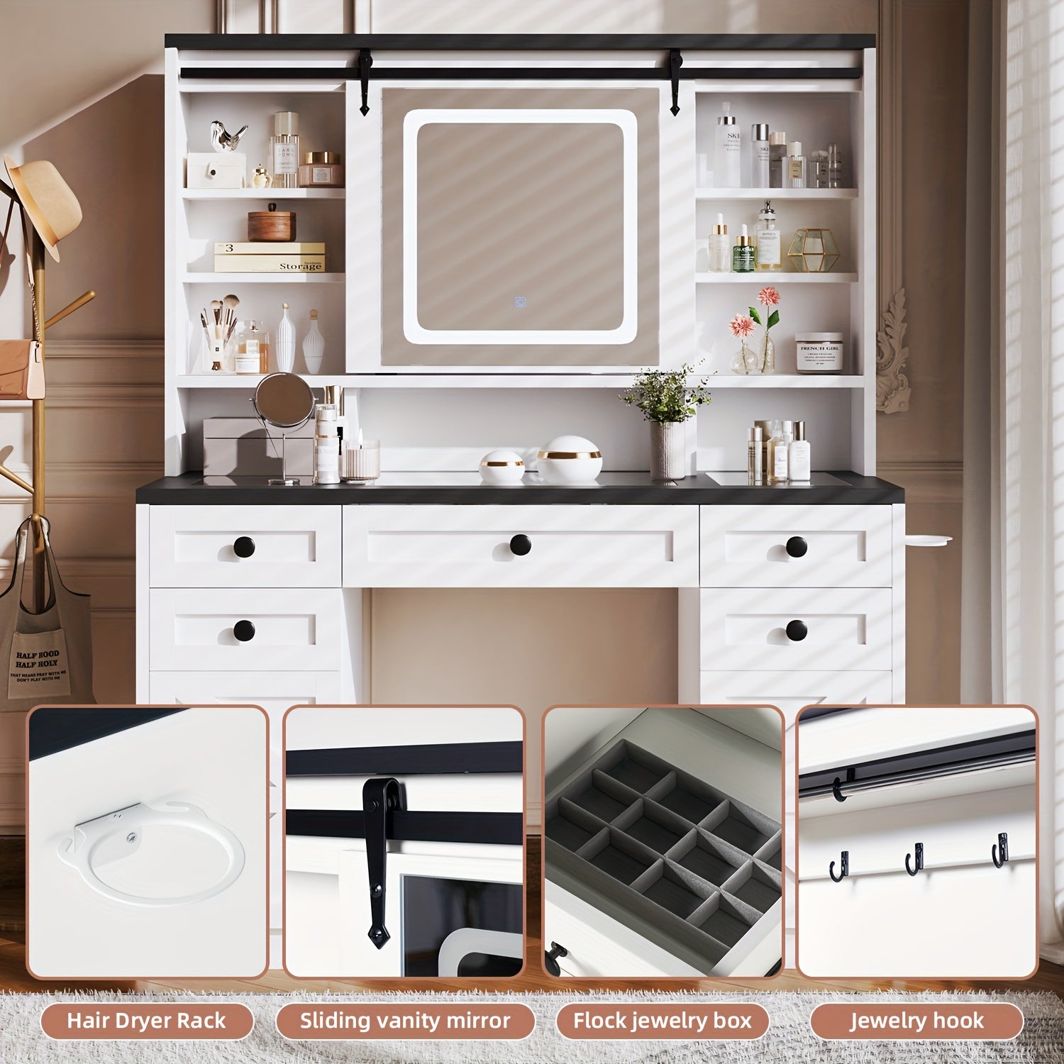 Oneinmil Vanity Table with LED Lights & Mirror - White Makeup Desk with Storage Drawers, Side Bag