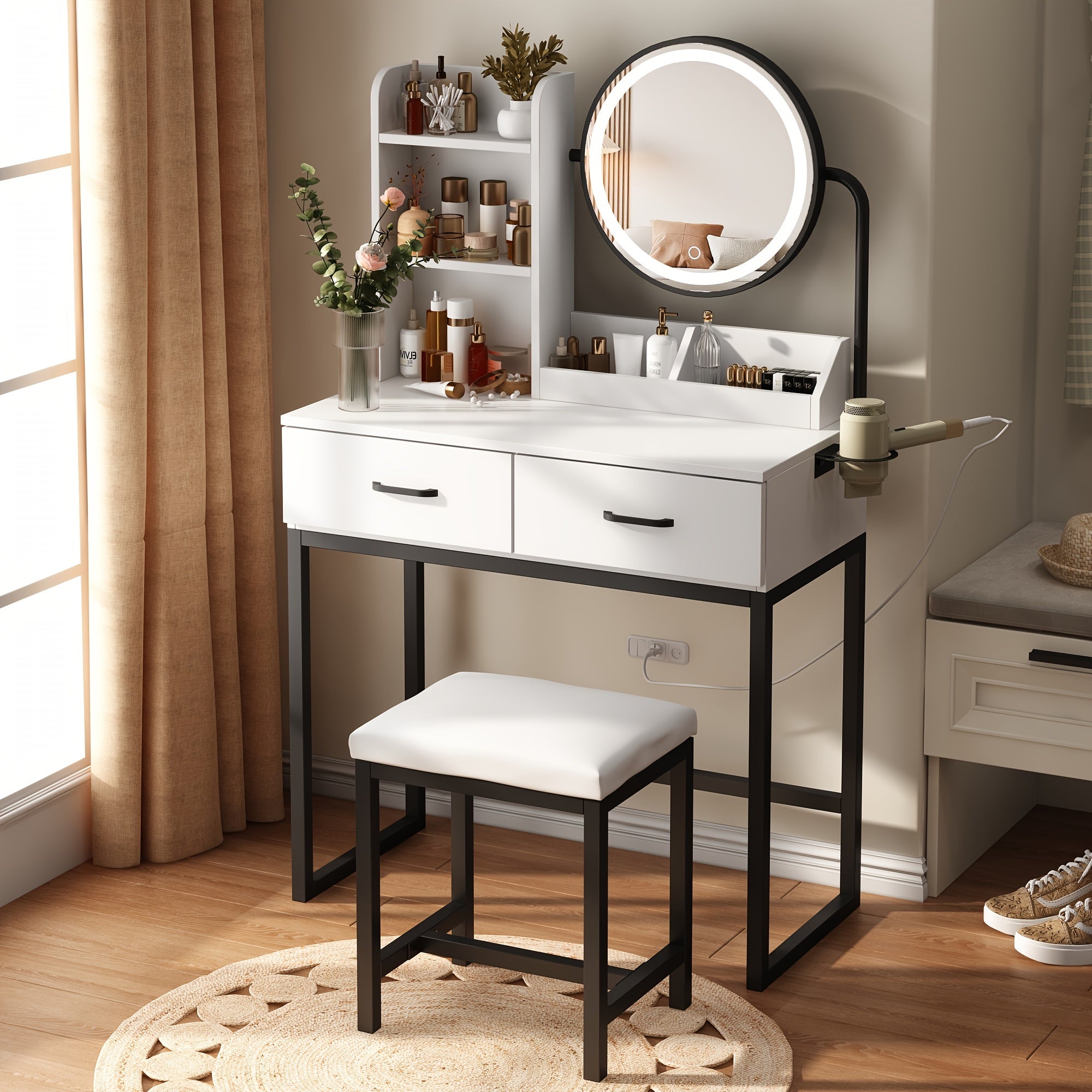 Vanity Desk with Mirror And Lights, Makeup Vanity Table Set with Storage Stool & Charging Station