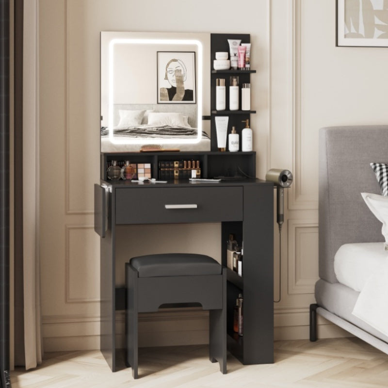 Elegant Hardwood Dressing Table with Mirror, Lighting, and Charging Station for Bedroom Organization