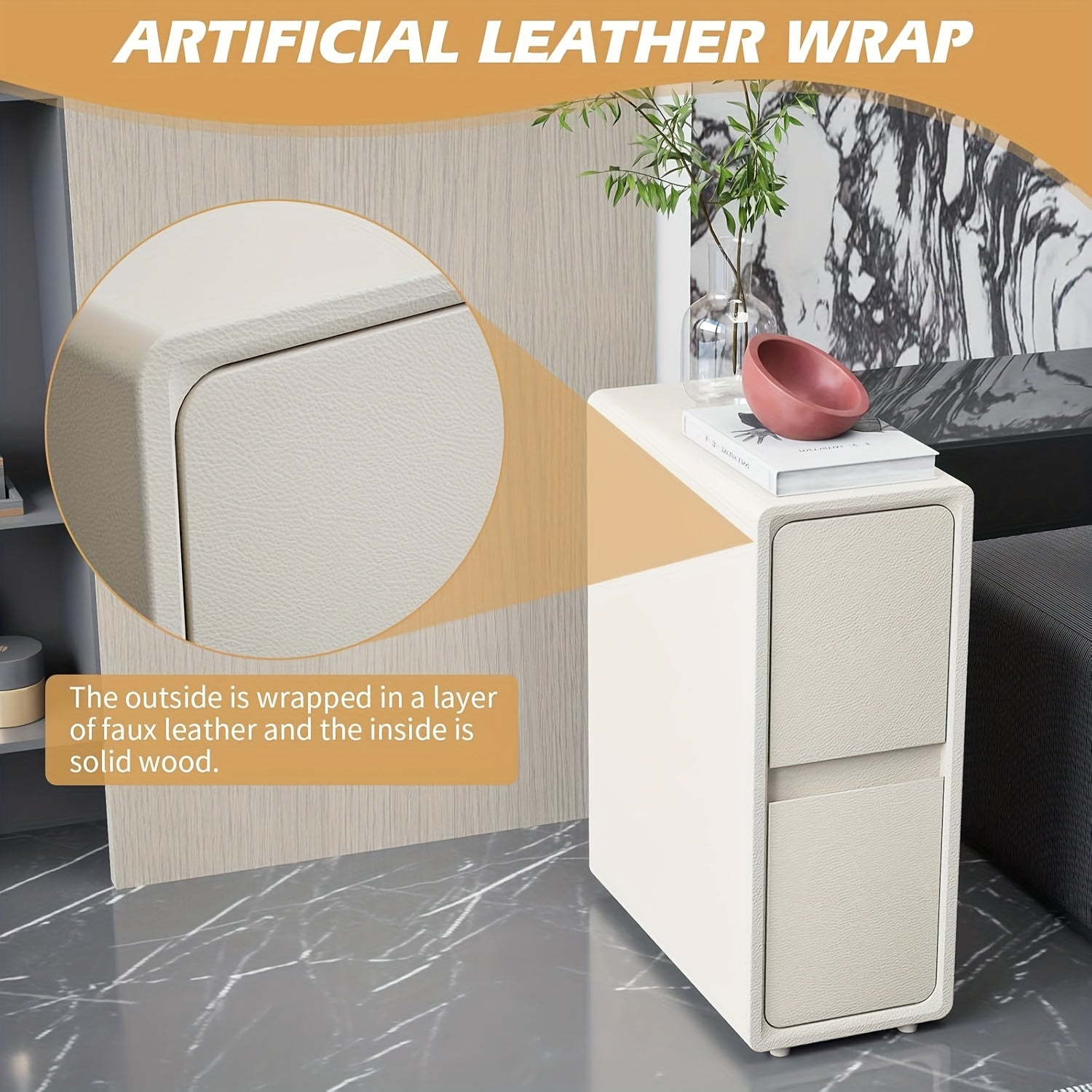 Modern Narrow Faux Leather Nightstand with Solid Wood Drawer - Cream White Bedside Table