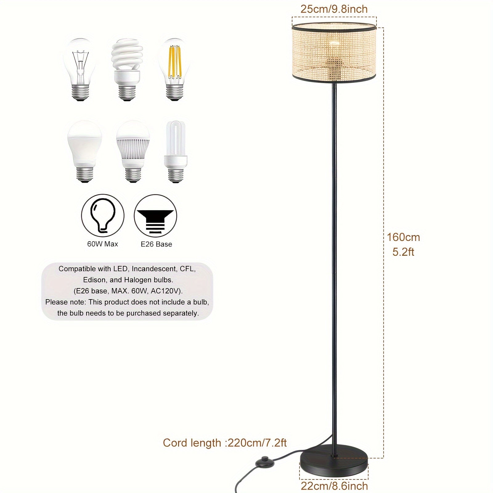 1PC Vintage Floor Lamp with Rattan Lampshade Footswitch Pole Standing Light for Bedroom Living Room Office Study Reading 110V