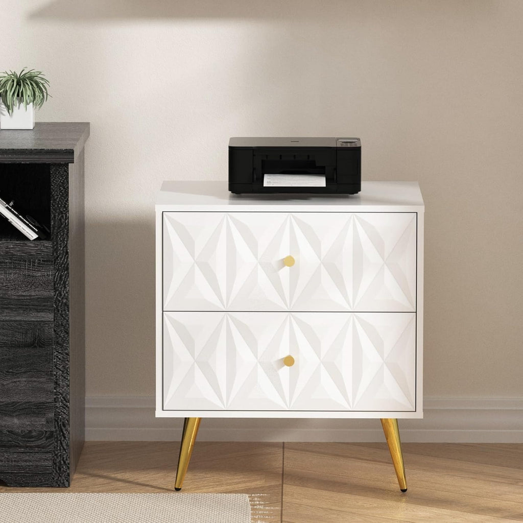 Nightstand, Nightstands with 2 Diamond Pattern Drawers, Modern End Table Side Table with Golden Handle & Legs