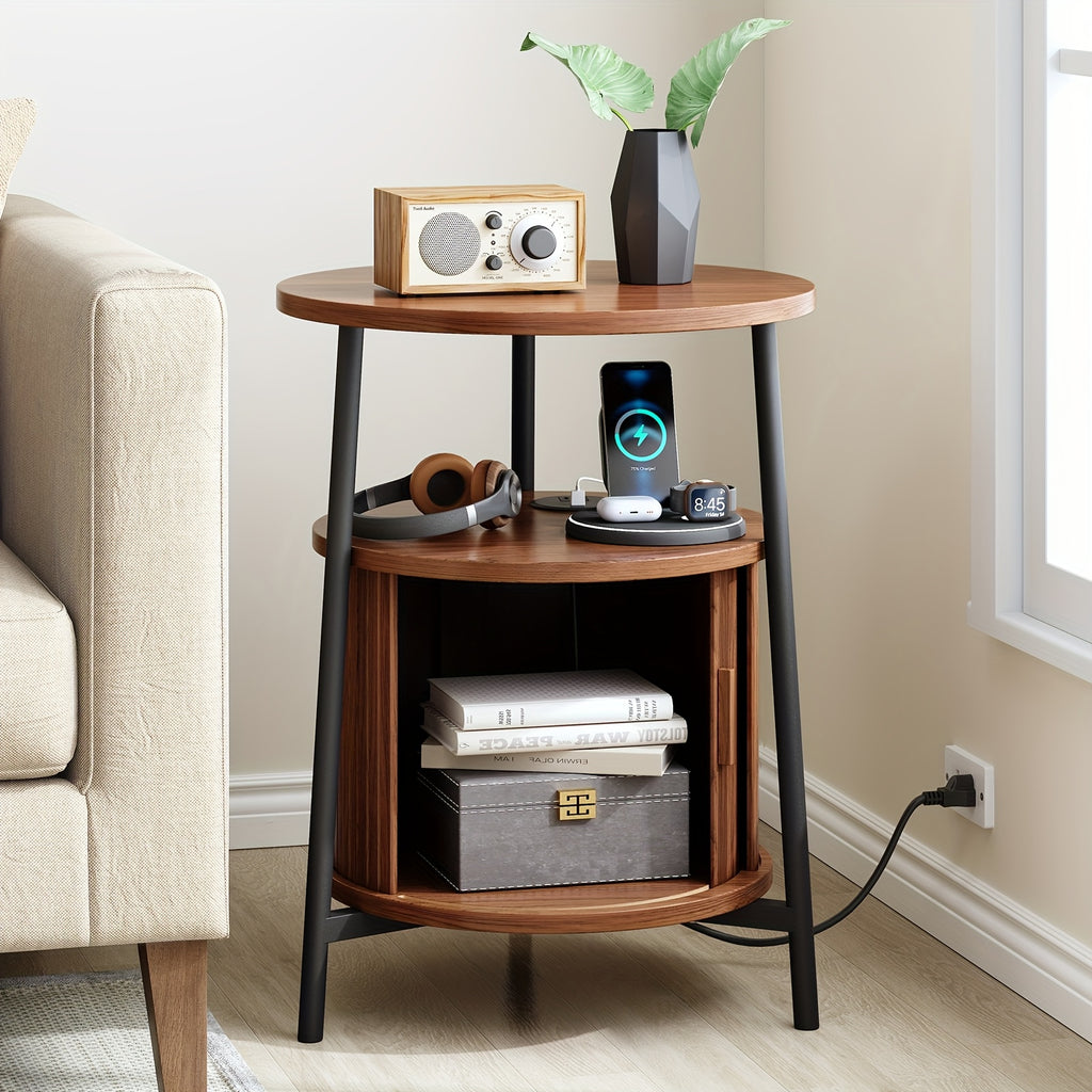 Walnut-like Finish Mid-Century Modern Round Side Table with Charging Station - Bedside Table