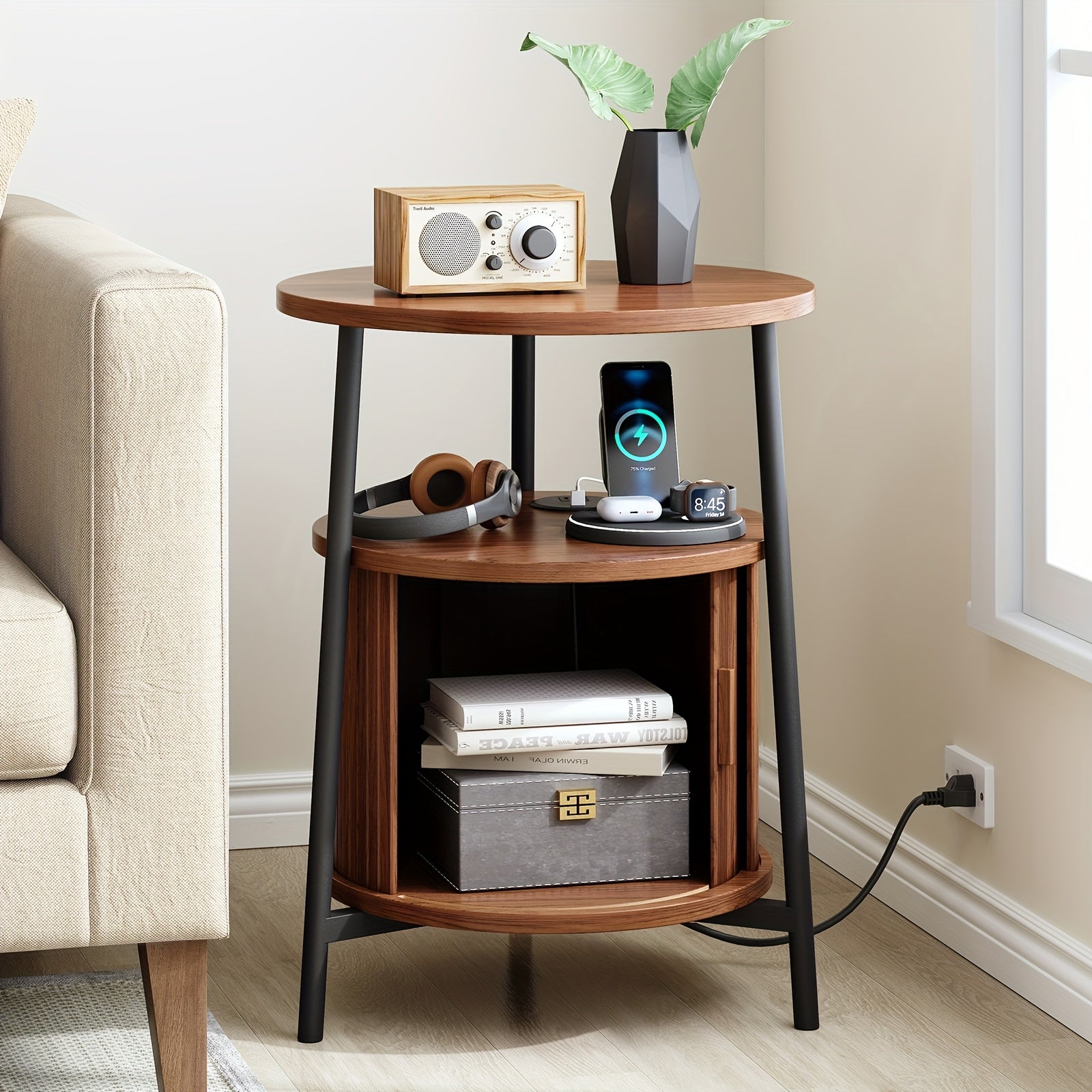 Walnut-like Finish Mid-Century Modern Round Side Table with Charging Station - Bedside Table