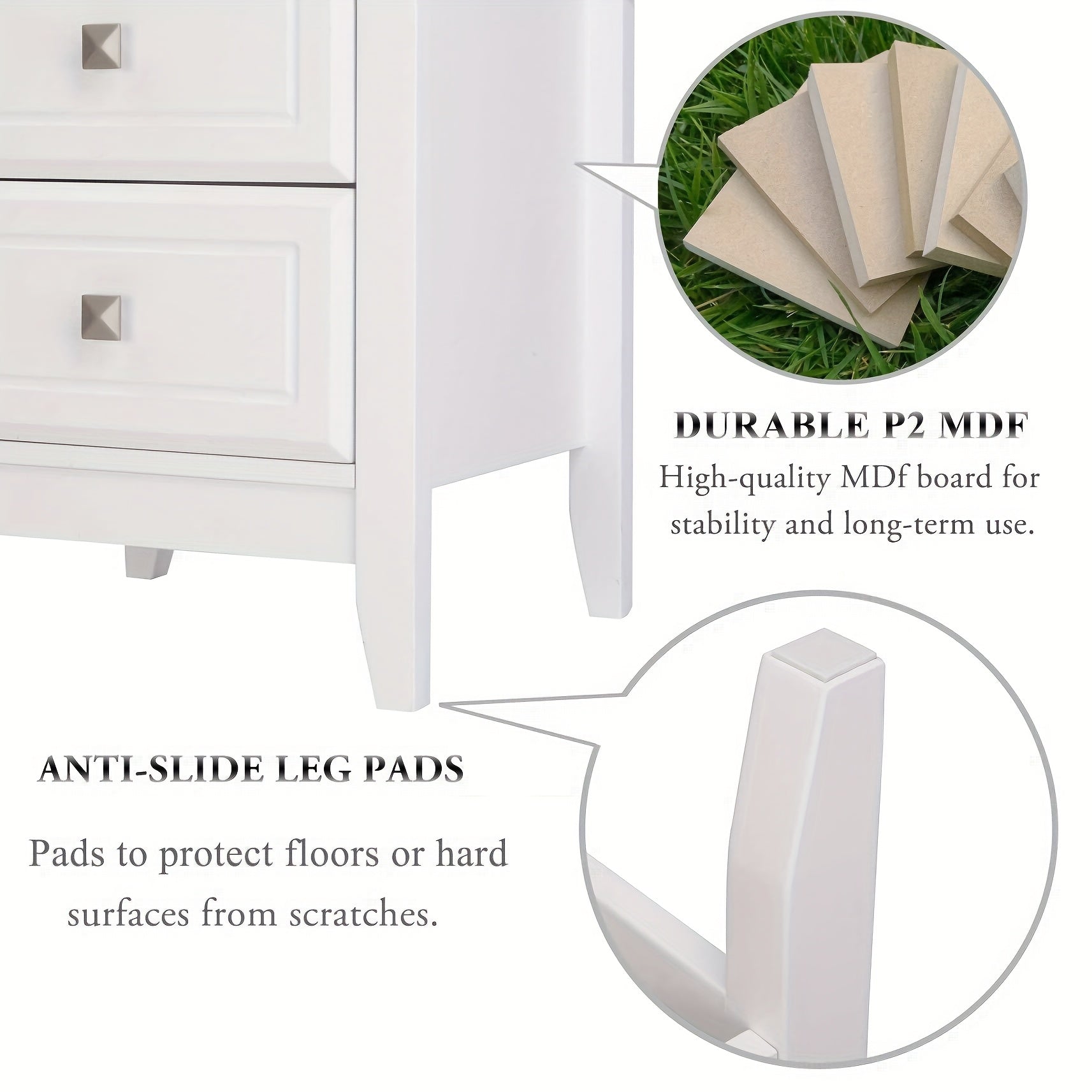 Bonnlo Modern Minimalist Nightstand - No Assembly Required Bedside Table with 3 Smooth-Gliding Drawers & Metal Knobs