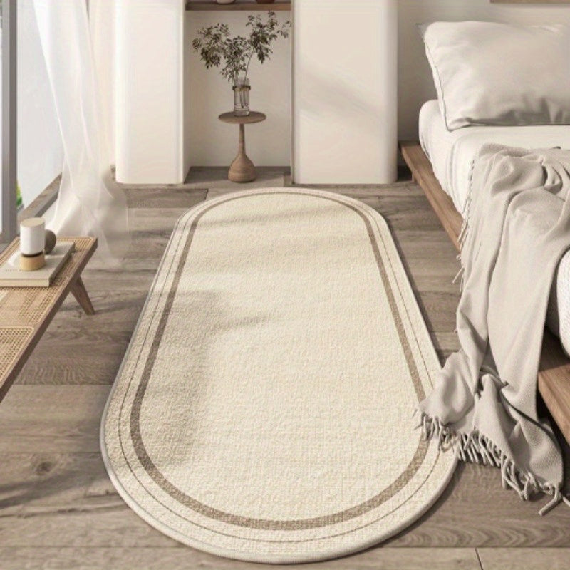 1pc 10mm Thick High-Quality Imitation Cashmere Oval Runner Mat - Cream Beige Modern Simple Line Printing