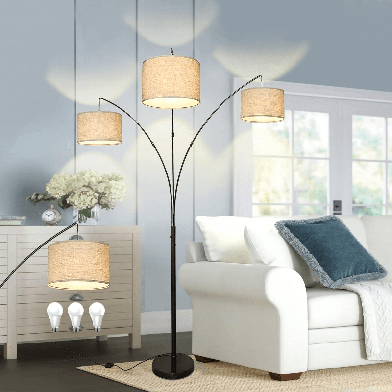 3-Light Modern LED Floor Lamp with Adjustable Arc Arms & Hanging Drum Shades - Black Metal Standing Light
