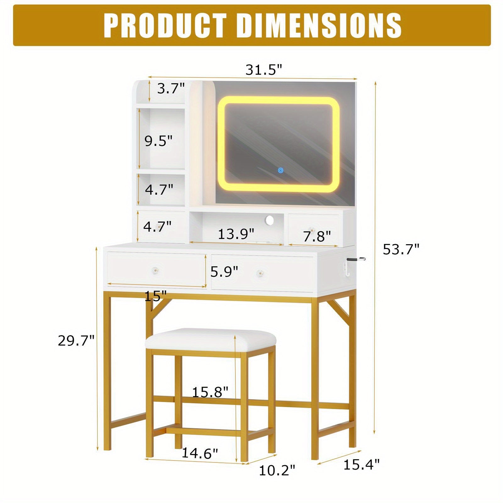 Elegant Modern Vanity Desk and Stool Set with Illuminated Mirror & Built-in Charging Station - White & Golden Dressing Table with Spacious Drawers