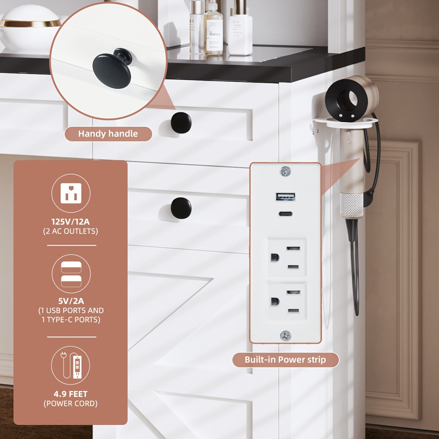 Oneinmil Vanity Table with LED Lights & Mirror - White Makeup Desk with Storage Drawers, Side Bag