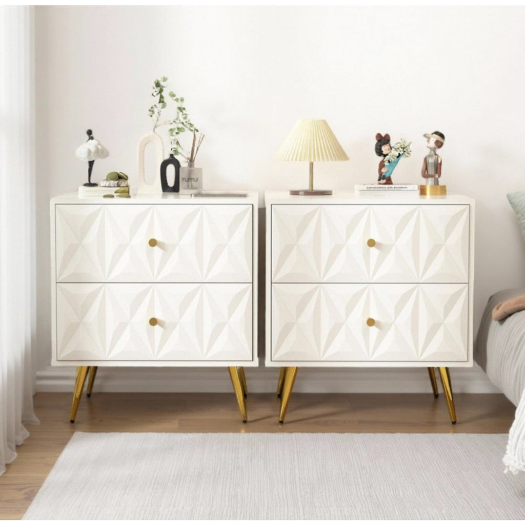 Nightstand, Nightstands with 2 Diamond Pattern Drawers, Modern End Table Side Table with Golden Handle & Legs
