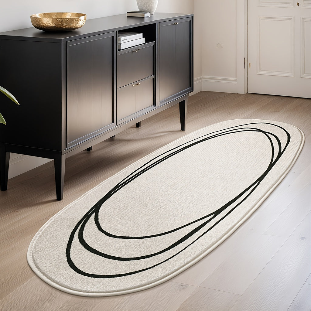 1pc DAJIANG Modern Abstract Oval Area Mat - Soft, Fluffy & Non-Slip Runner Mat with Striped and Solid Color Design for Bedroom