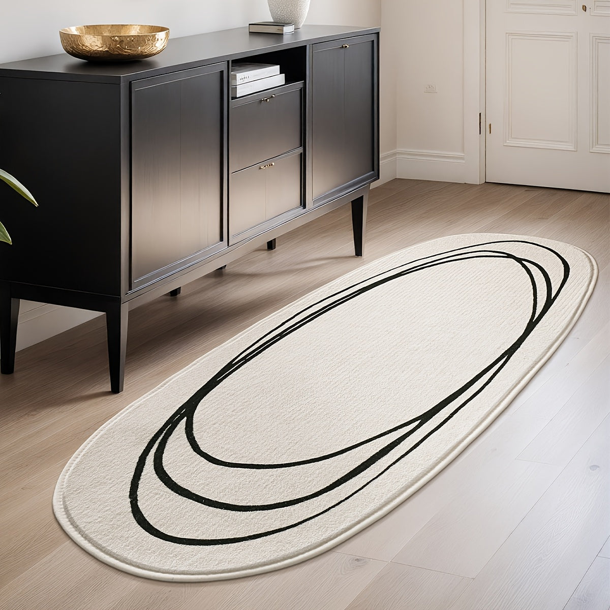 1pc DAJIANG Modern Abstract Oval Area Mat - Soft, Fluffy & Non-Slip Runner Mat with Striped and Solid Color Design for Bedroom
