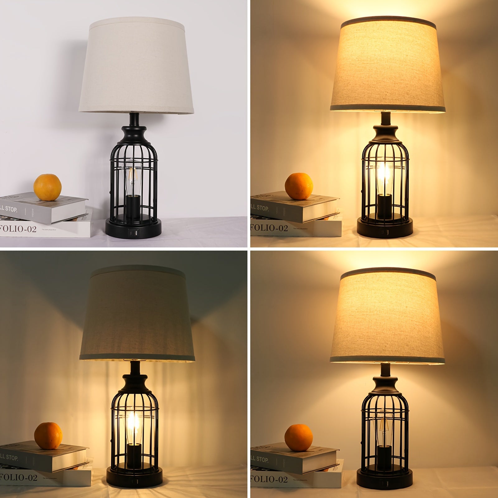 2 Set Farmhouse Table Lamps with 4 LED Bulbs, 9W Bright Rotary Switch Top Light + Touch Contorl 3 Way Dimmable Bird Cage Nightstand Light