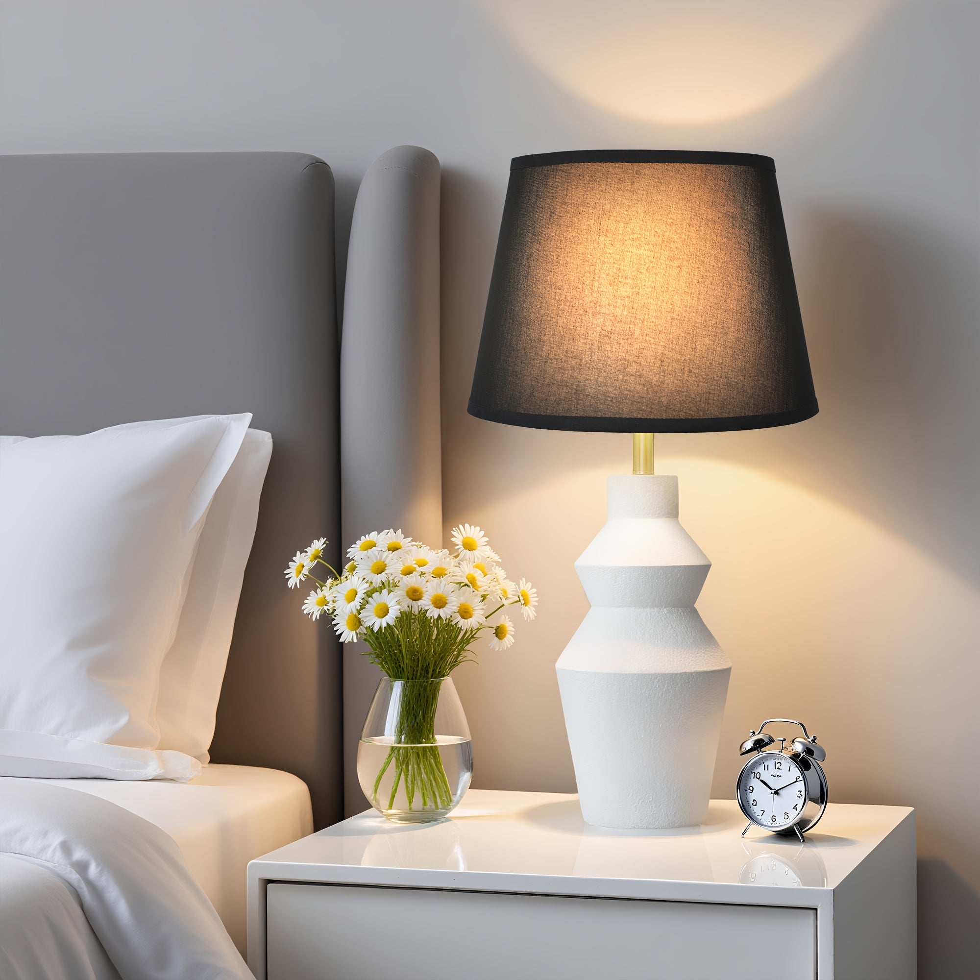 Modern Farmhouse Table Lamp with White Cement Base & Black Linen Shade - Rustic Single Bedside Lamp with Switch