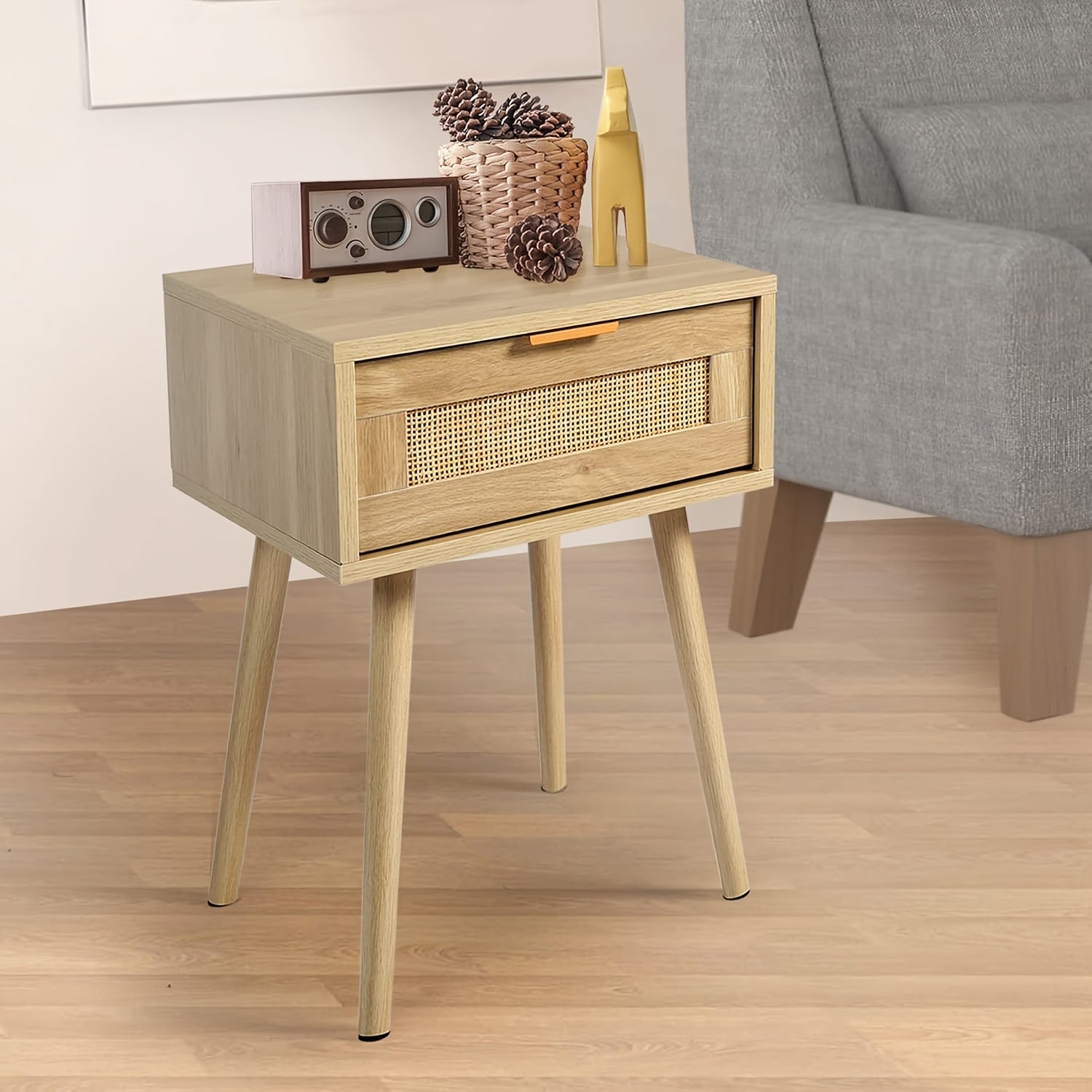 Kinder King Nightstands Set Of 2 with Rattan Drawer, Modern Night Stand for Bedrooms