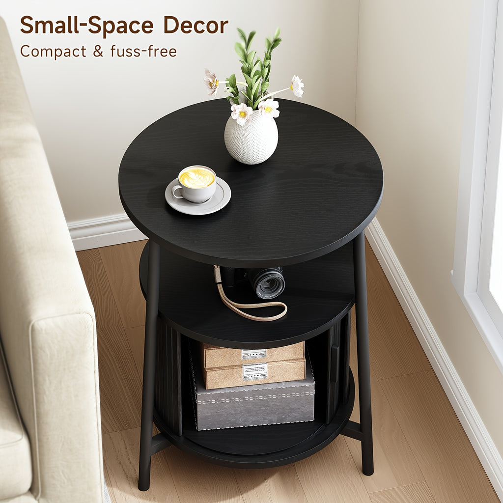 Walnut-like Finish Mid-Century Modern Round Side Table with Charging Station - Bedside Table