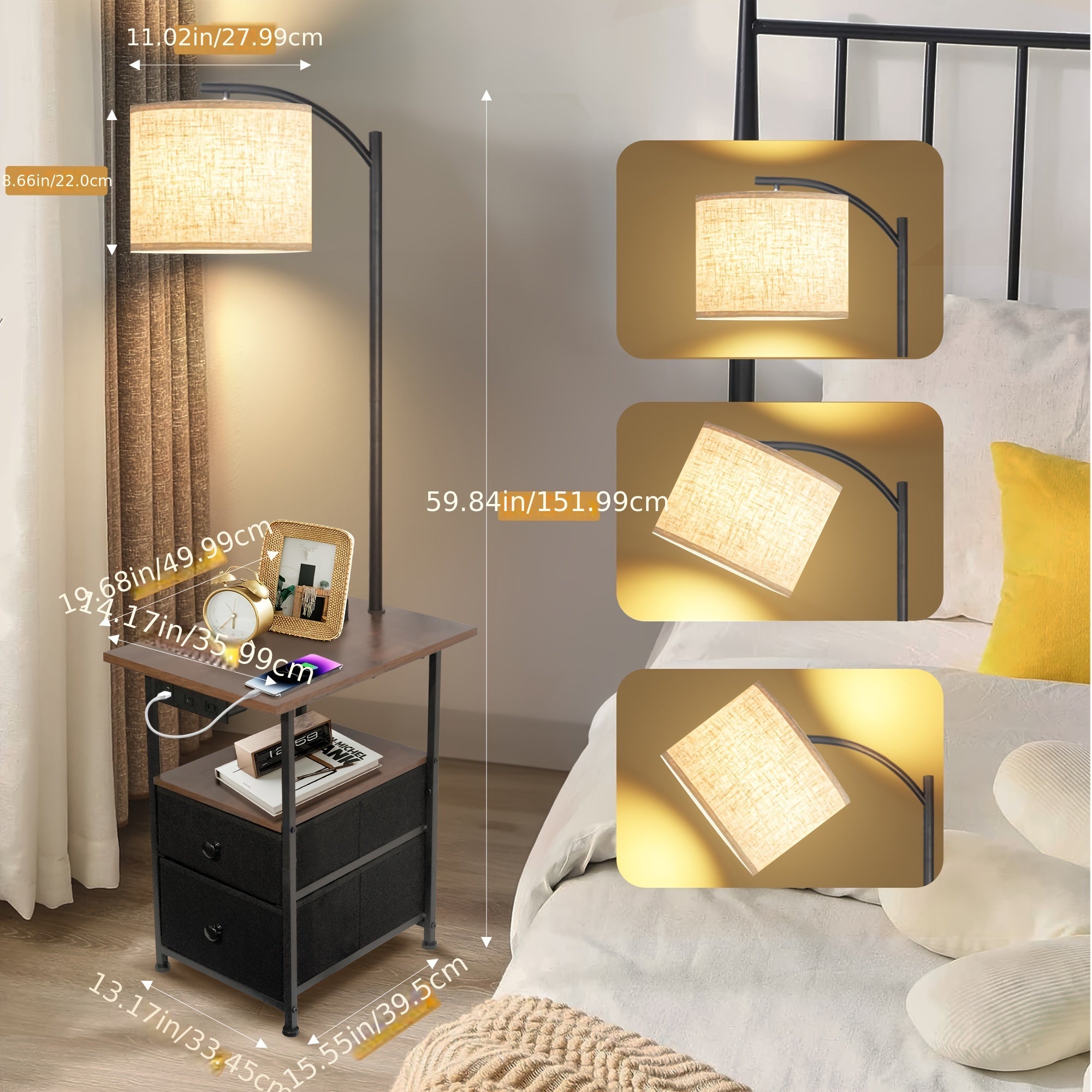 Floor Lamp with Shelves, End Table with 3 Color Temperature, with USB & Type C & AC Charging Port for Living Room, Bedroom