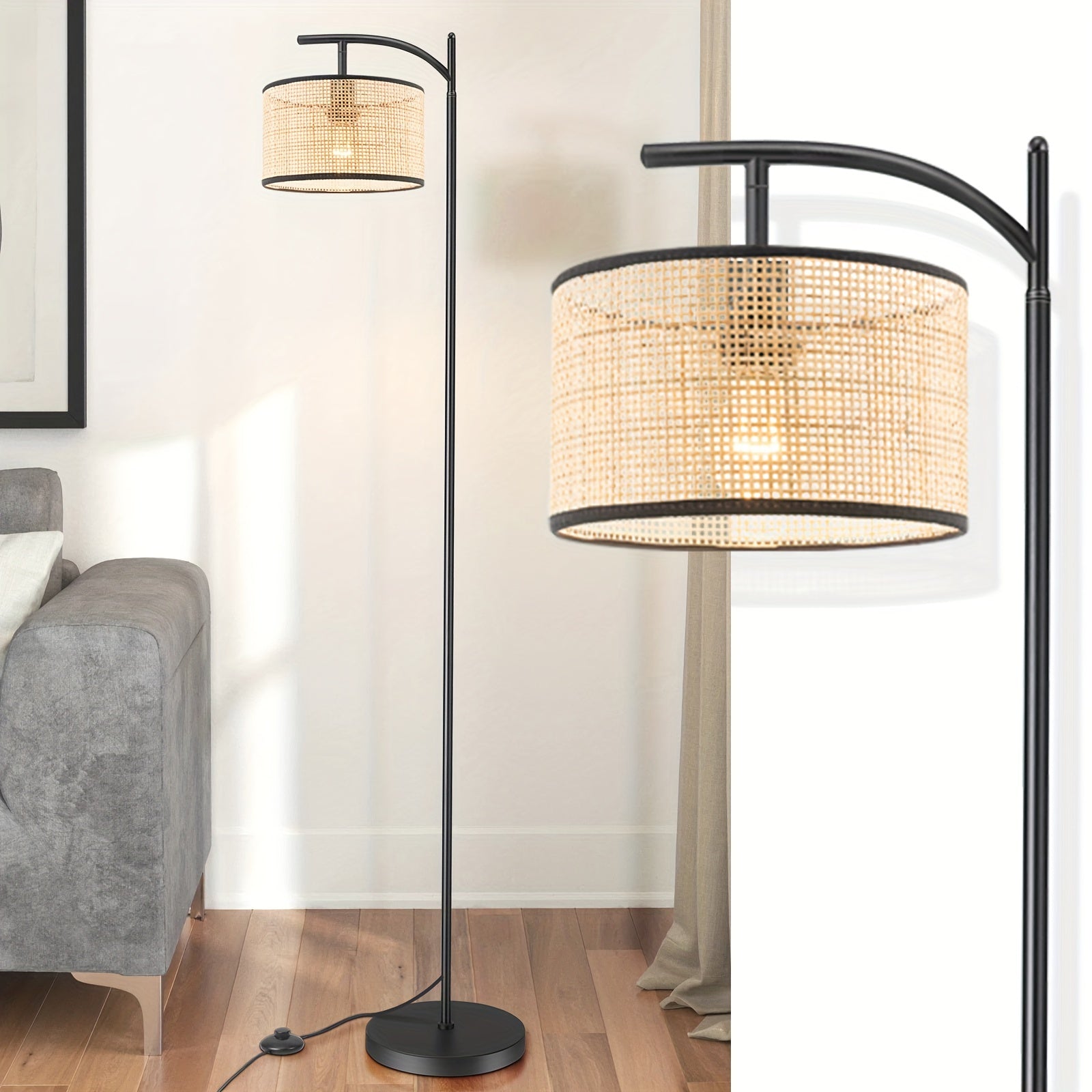 1PC Vintage Floor Lamp with Rattan Lampshade Footswitch Pole Standing Light for Bedroom Living Room Office Study Reading 110V