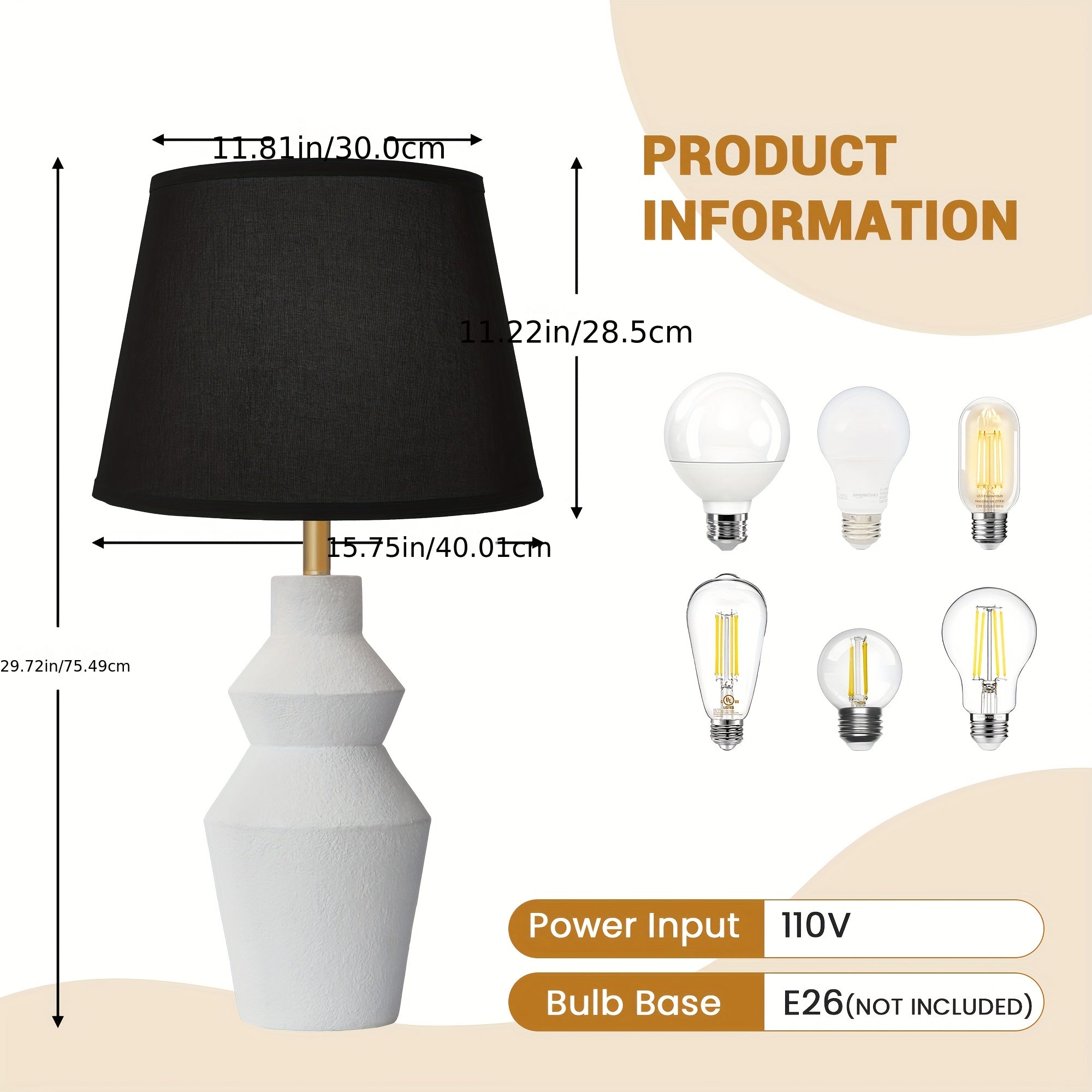 Modern Farmhouse Table Lamp with White Cement Base & Black Linen Shade - Rustic Single Bedside Lamp with Switch