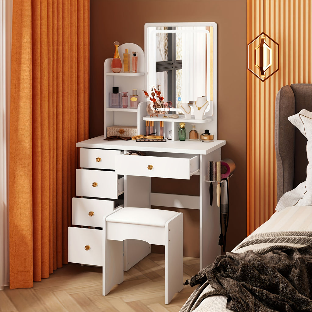 Modern Vanity with Mirrors Modern Vanity with Mirrors, 5 Drawers, Shelves and Chair