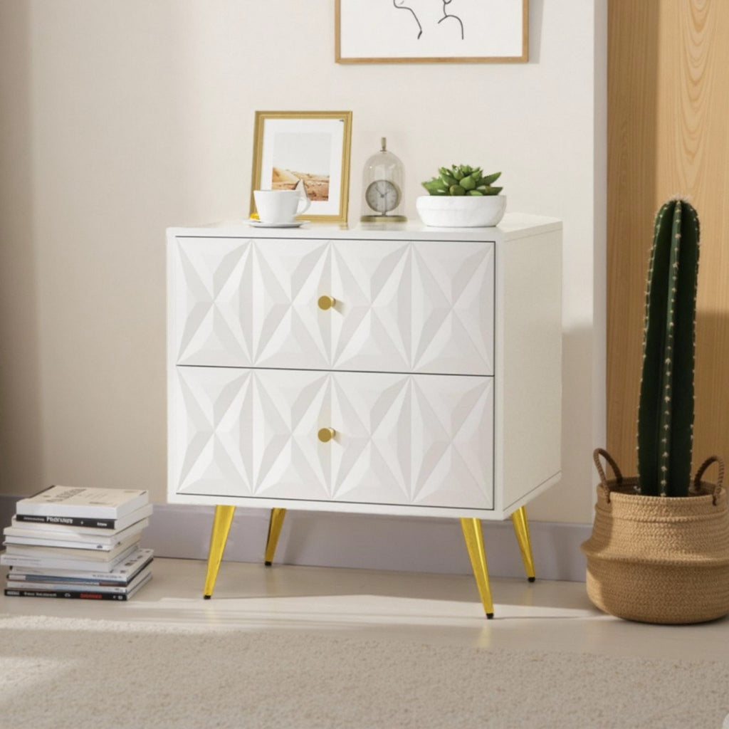 Nightstand, Nightstands with 2 Diamond Pattern Drawers, Modern End Table Side Table with Golden Handle & Legs