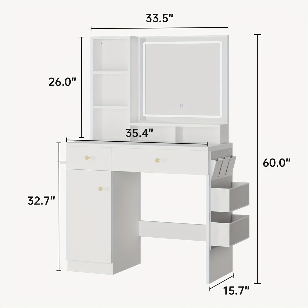 Oneinmil Vanity Table with LED Lights & Mirror - White Makeup Desk with Storage Drawers, Side Bag