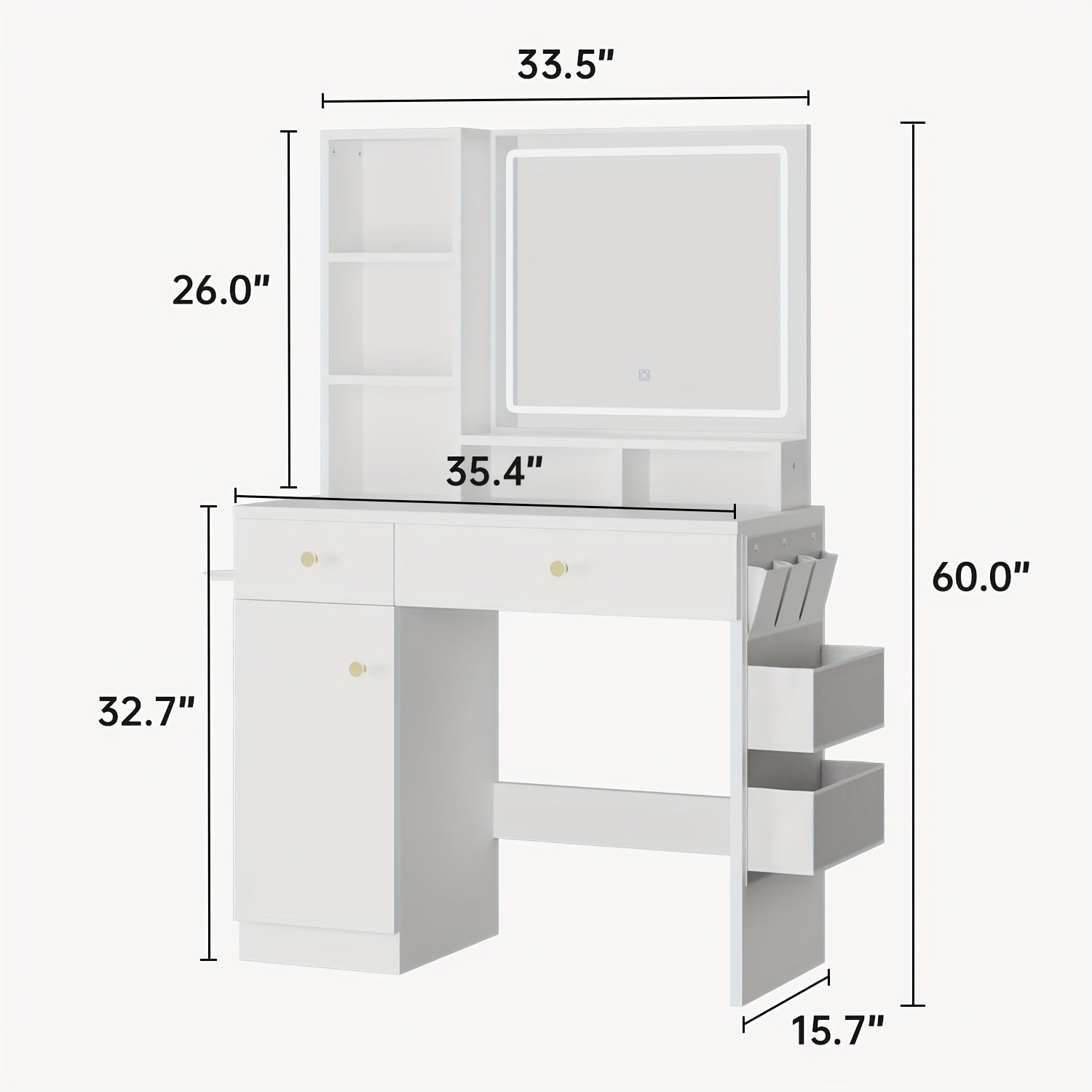Oneinmil Vanity Table with LED Lights & Mirror - White Makeup Desk with Storage Drawers, Side Bag