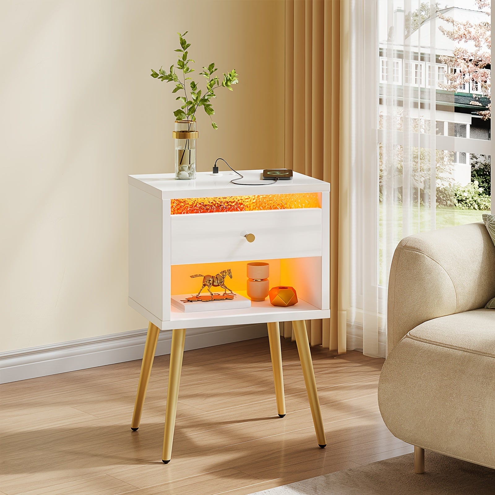 Pinmoco Set of 2 Nightstands with USB Charging Ports, Modern High Gloss Night Stand with LED Lights